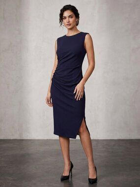 NWOT | Navy Blue Sleeveless Ruched Side Slit Bodycon Midi Dress | Small